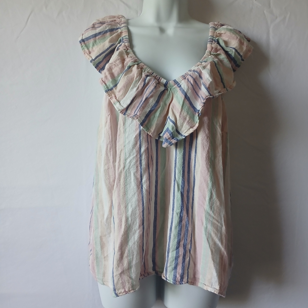 Ava JamesTop Pink and Blue Ruffled Sleeveless Linen Blend Sz 2x‎ Summer Beach
